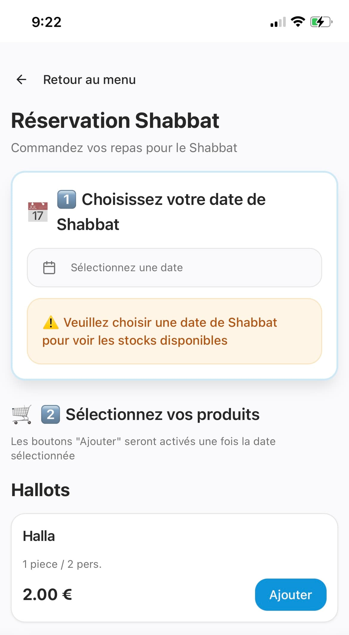 Shabbat reservation flow